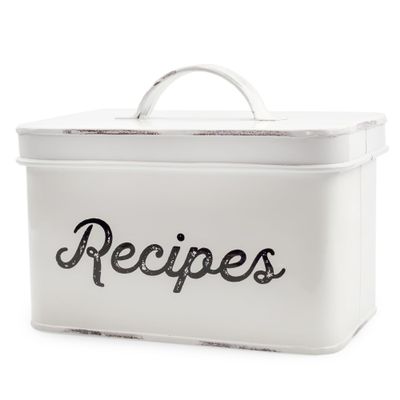 AuldHome Design Rustic White Recipe Box; Enamel Farmhouse Recipe Holder and Organizer for 4 x 6 Inch Recipe Cards