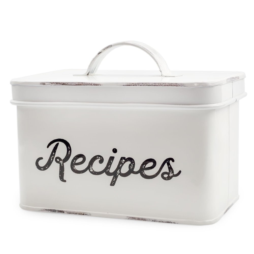AuldHome Design Rustic White Recipe Box; Enamel Farmhouse Recipe Holder and Organizer for 4 x 6 Inch Recipe Cards
