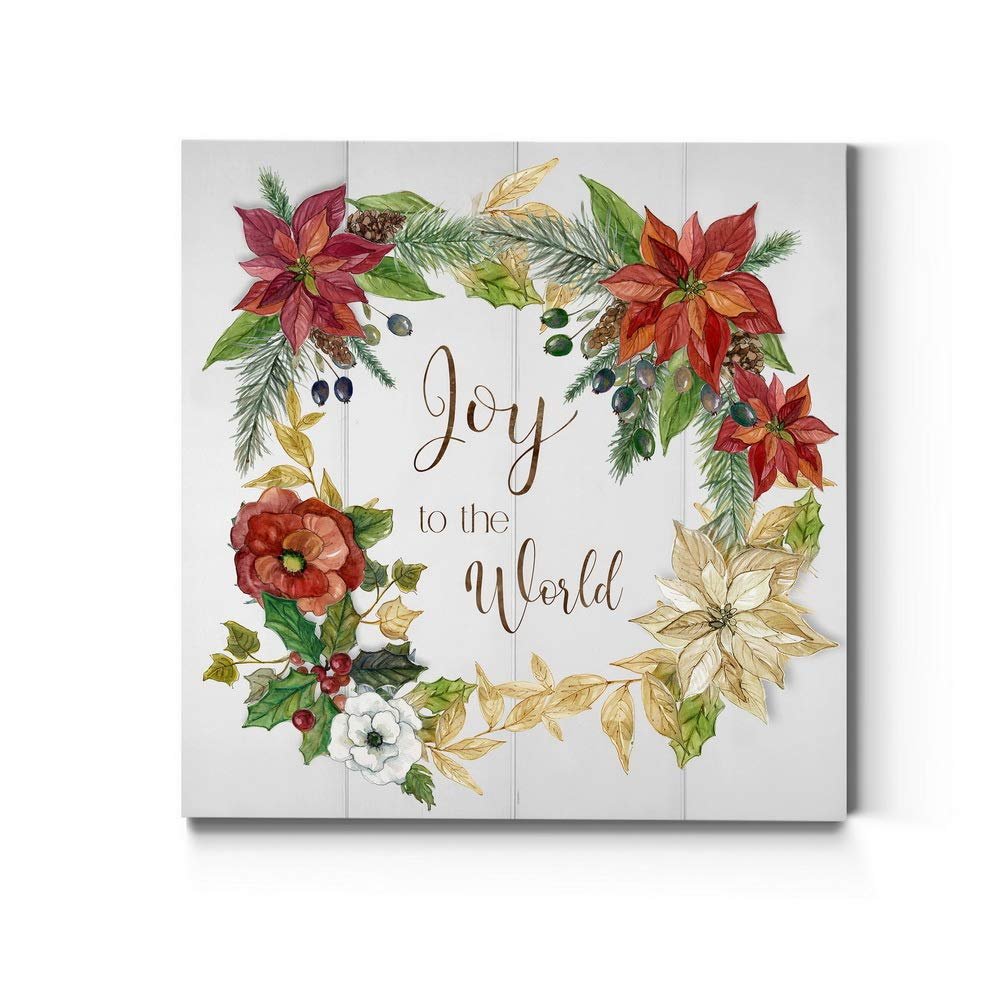 Renditions Gallery Joy to the World Wreath Wall Art, Christmas & Winter Artwork, Festive Poinsettia, Red, Green, Premium Gallery Wrapped Canvas Decor, Ready to Hang, 24 in H x 24 in W, Made in America