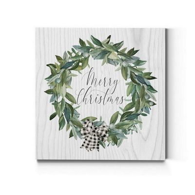 Renditions Gallery Merry Christmas Wreath Wall Art, Cute Winter Artwork, Festive Faux Wood Background, Bow, Premium Gallery Wrapped Canvas Decor, Ready to Hang, 24 in H x 24 in W, Made in America