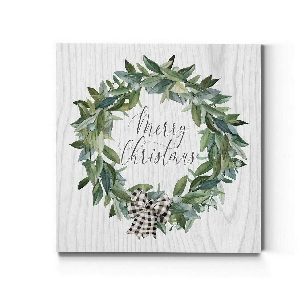 Renditions Gallery Merry Christmas Wreath Wall Art, Cute Winter Artwork, Festive Faux Wood Background, Bow, Premium Gallery Wrapped Canvas Decor, Ready to Hang, 24 in H x 24 in W, Made in America