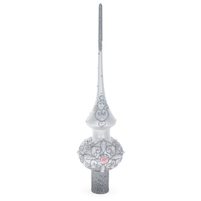 Pink Roses and Pearls on Silver Glass Christmas Tree Topper 11 Inches