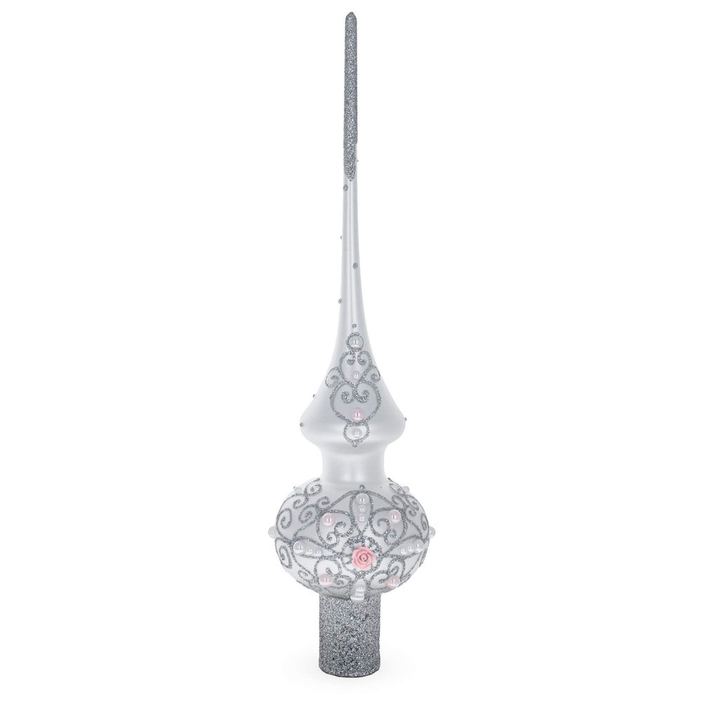 Pink Roses and Pearls on Silver Glass Christmas Tree Topper 11 Inches