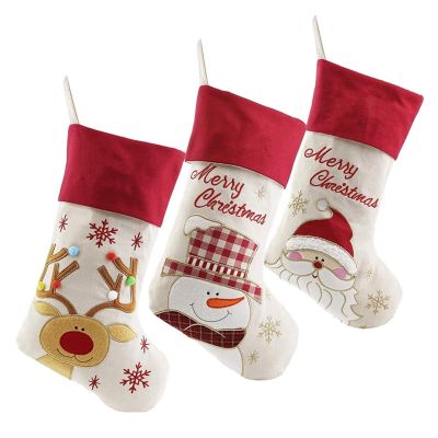 Christmas Stockings Set of 3 Santa Snowman Reindeer Xmas Character 3D Plush Linen Hanging Tag Knit Border for Holiday Party DUO ER