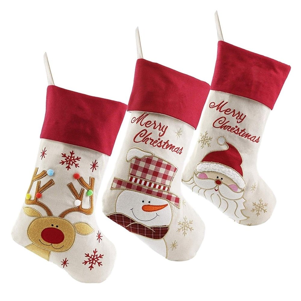 Christmas Stockings Set of 3 Santa Snowman Reindeer Xmas Character 3D Plush Linen Hanging Tag Knit Border for Holiday Party DUO ER