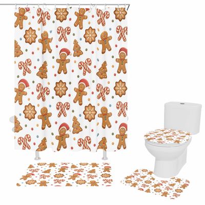 4 Pcs Shower Curtain Sets with Non-Slip Rug, Toilet Lid Cover & Bath Mat, Christmas Element Gingerbread Man Candy Stick Snowflake Waterproof Shower Curtain with 12 Hooks for Bathroom, 36 x 72 inch