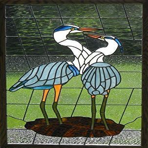 Great Blue Heron Pair - Leaded Stained Glass Art Panel - Window Hanging