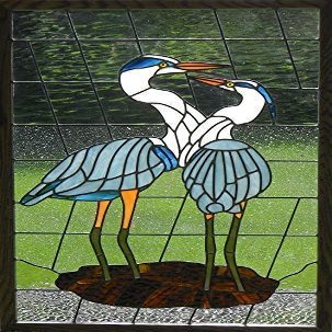 Great Blue Heron Pair - Leaded Stained Glass Art Panel - Window Hanging
