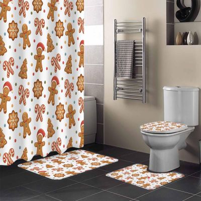 4 Pcs Shower Curtain Sets with Non-Slip Rug, Toilet Lid Cover & Bath Mat, Christmas Element Gingerbread Man Candy Stick Snowflake Waterproof Shower Curtain with 12 Hooks for Bathroom, 66 x 72 inch