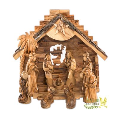 Wooden Nativity Set for Christmas Made of Olive Wood in The Holy Land - 12 Piece Faceless Figurine Nativity Scene Set with Music Box - Christmas Decoration