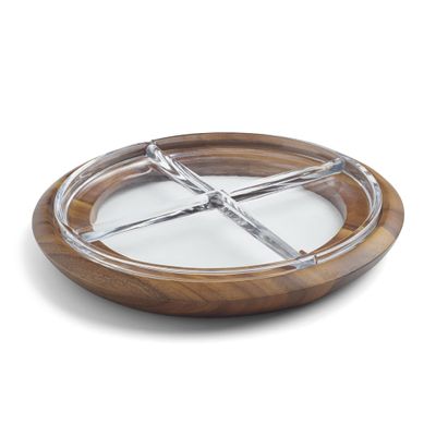 Namb Cooper Collection Crudit Centerpiece 13.75 Round Design with Glass Sections & Acacia Wood Base Elegant Serveware for Fresh Snacks, Fruits & Vegetables, Perfect Table Accent for Dining