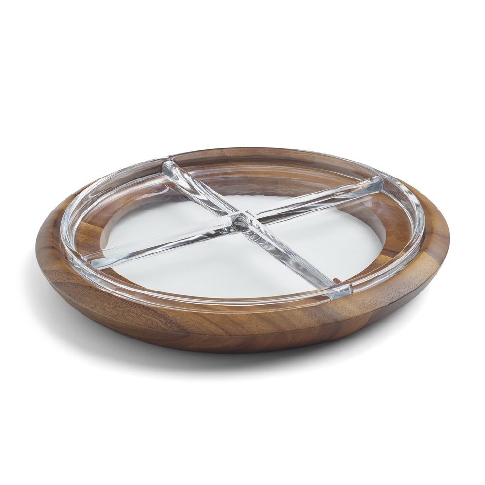 Namb Cooper Collection Crudit Centerpiece  13.75 Round Design with Glass Sections & Acacia Wood Base  Elegant Serveware for Fresh Snacks, Fruits & Vegetables, Perfect Table Accent for Dining