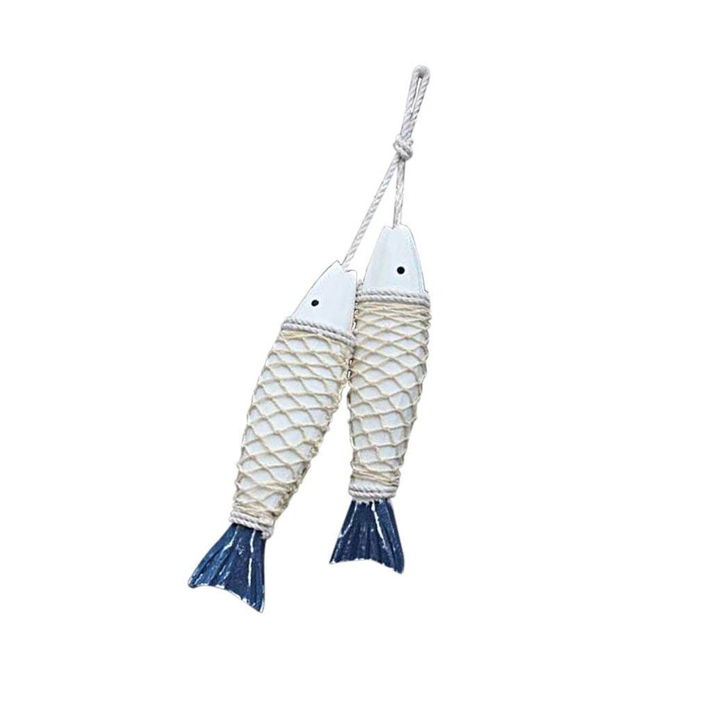 2 x Hand-carved Nautical Fish in Sea Wood and Rope Wall Hanging Decorations Large