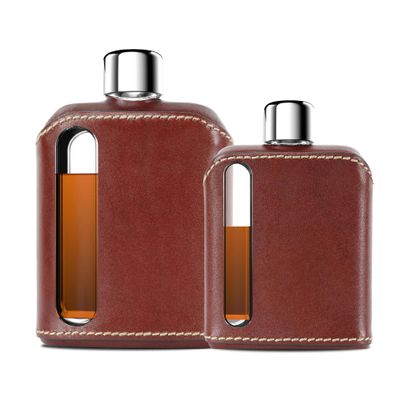 Ragproper Leather Glass Hip Flask Set Durable Whiskey & Liquor Flasks for Men & Women, Single Shot 3.4oz (100ml) + Double Shot 8oz (240ml), Premium Genuine Leather, Ideal Glass Flask, Dark Brown