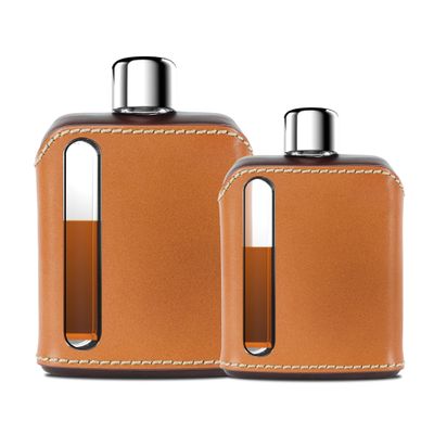 Ragproper Leather Glass Hip Flask Set for Men & Women  Durable Whiskey & Liquor Flasks, Single Shot 3.4oz (100ml) + Double Shot 8oz (240ml), Premium Real Leather Cover, Dark & Tan