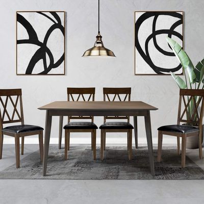 CAPHAUS Modern 5-Piece Rectangular Dining Table Set with Black Leather Cushion Chairs for Home, Seats 6, Easy to Assemble