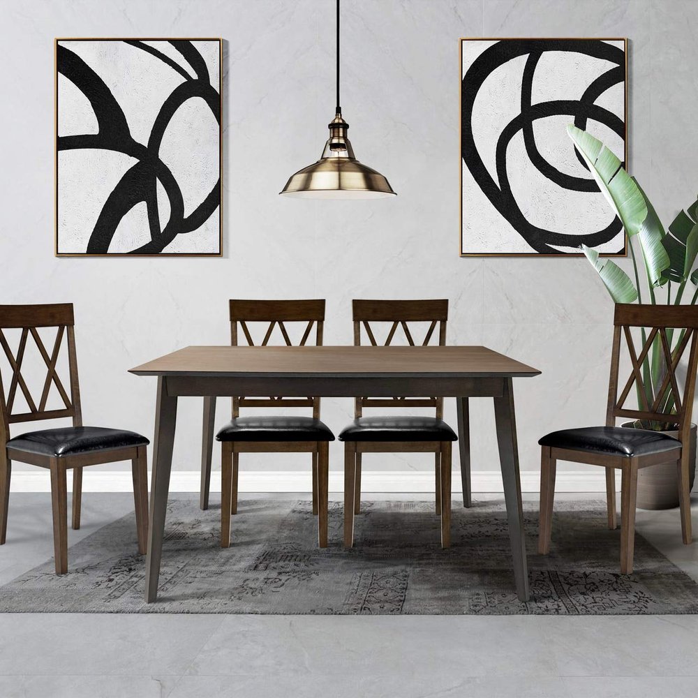 CAPHAUS Modern 5-Piece Rectangular Dining Table Set with Black Leather Cushion Chairs for Home, Seats 6, Easy to Assemble