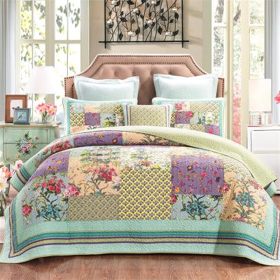 ABREEZE Luxury Quilt Set Frosted Pastel Gardenia Bohemian Cotton Patchwork Quilted Coverlet Bedspread Set Vibrant Floral Paisley Colorful Blue Lavender Green Print Queen Size 3PCS (Queen, Lavender)