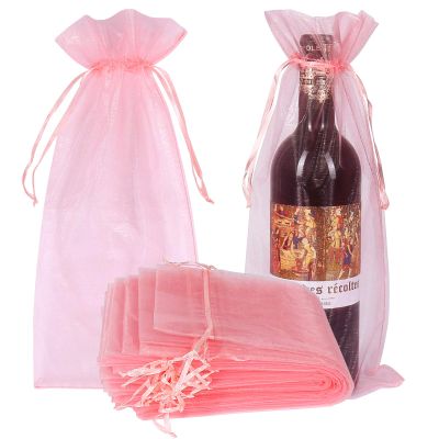 HRX Package 30pcs Organza Wine Bags Pink, Sheer Mesh Bottle Gift Pouches Wine Covers Dresses with Drawstring for Christmas