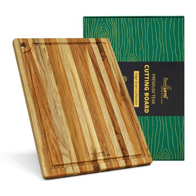 BEEFURNI Small Teak Cutting Board with Juice Groove and Hanging Hole (14x10x0.6"), Durable Wooden Cutting Boards for Kitchen, Chopping & Serving Board, Wood Cutting Board Non Toxic, Gift Box Included