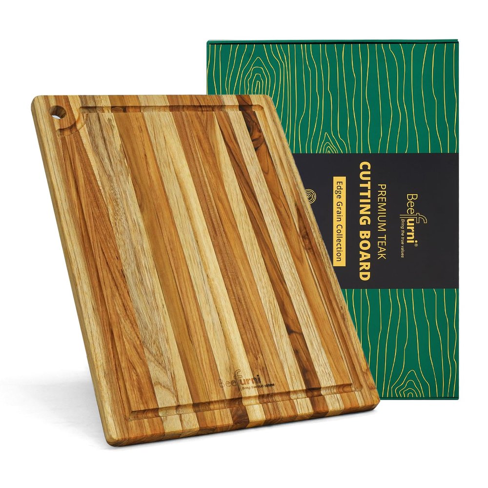 BEEFURNI Small Teak Cutting Board with Juice Groove and Hanging Hole (14x10x0.6"), Durable Wooden Cutting Boards for Kitchen, Chopping & Serving Board, Wood Cutting Board Non Toxic, Gift Box Included