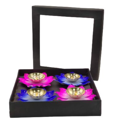 India Meets India Brass Lotus Shape Decorative Diya for Diwali Set of 4 with Box, Best for Gifting (Blue & Pink)