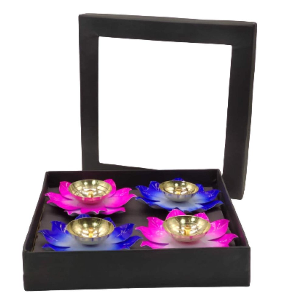 India Meets India Brass Lotus Shape Decorative Diya for Diwali Set of 4 with Box, Best for Gifting (Blue & Pink)