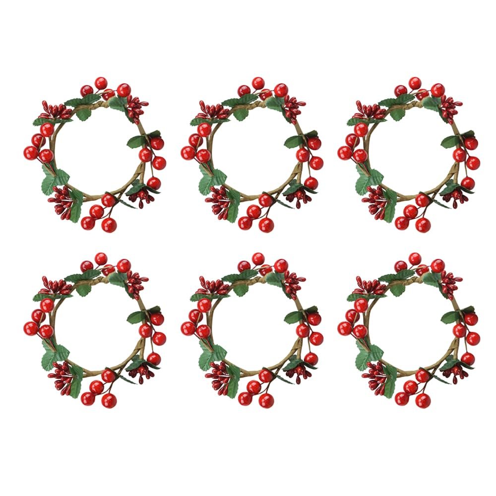 6 PCS Red Berries Candle Rings Artificial Holly Leaves of Votives Candle Holders Decor for Christmas Ornaments by Baryuefull