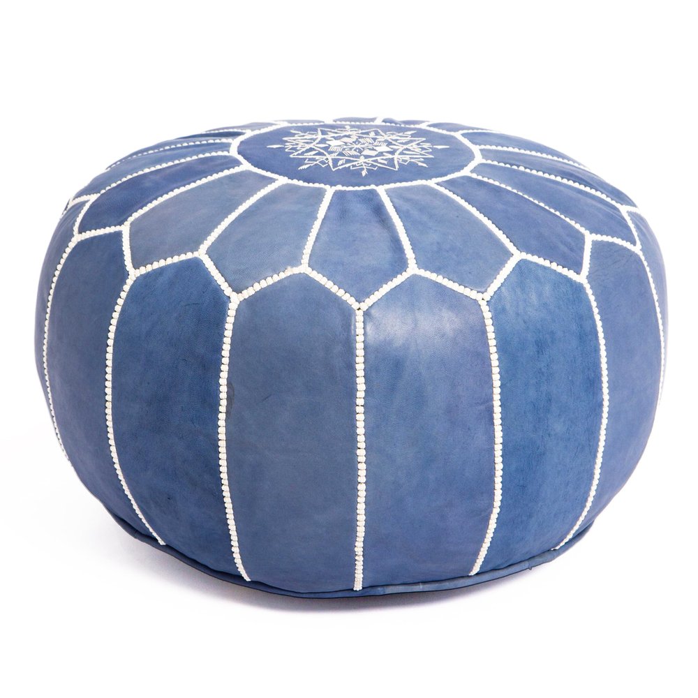 Genuine Leather Round Pouf Cover - Handmade Moroccan Ottoman Footstool, Unstuffed Footrest Under Desk - Boho Decor - Bohemian Living Room, Bedroom, Kids Room - Housewarming Gift & Wedding