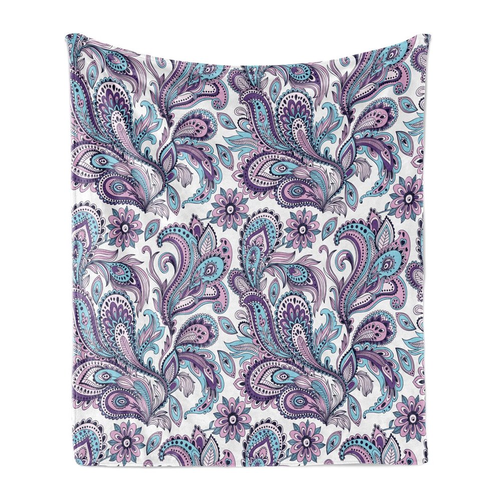 Ambesonne Paisley Throw Blanket, Blue and Purple Flowers Leaves Floral Pattern Bohemian Style Country Print, Flannel Fleece Accent Piece Soft Couch Cover for Adults, 50" x 70", Purple Blue