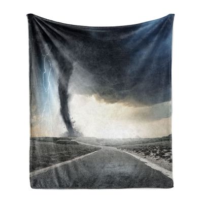 Ambesonne Nature Soft Flannel Fleece Throw Blanket, Black Tornado Funnel Gas and Thunder Rolling on the Road Fume Disaster Monochrome Print, Cozy Plush for Indoor and Outdoor Use, 50" x 70", Grey Grey