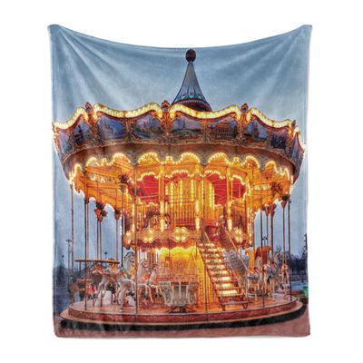 Ambesonne Carousel Throw Blanket, Photo of Vintage Ride on Fair with Horses at Twilight Fun Times Print, Flannel Fleece Accent Piece Soft Couch Cover for Adults, 50" x 70", Marigold and Blue Grey