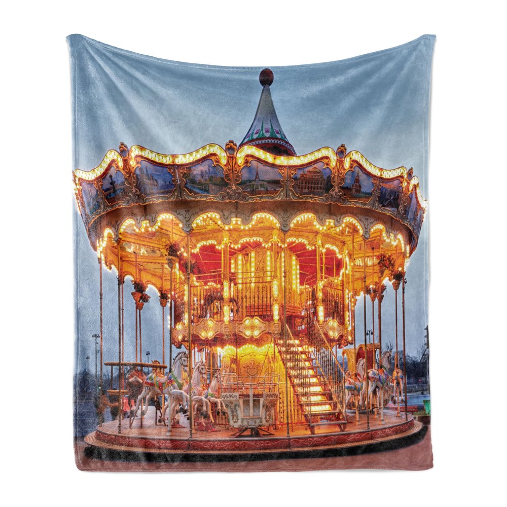 Ambesonne Carousel Throw Blanket, Photo of Vintage Ride on Fair with Horses at Twilight Fun Times Print, Flannel Fleece Accent Piece Soft Couch Cover for Adults, 50" x 70", Marigold and Blue Grey