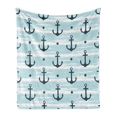 Ambesonne Anchor Soft Flannel Fleece Throw Blanket, Pattern with Anchors Modern Adventurous Striped Coastline Marine, Cozy Plush for Indoor and Outdoor Use, 70" x 90", Pale Blue