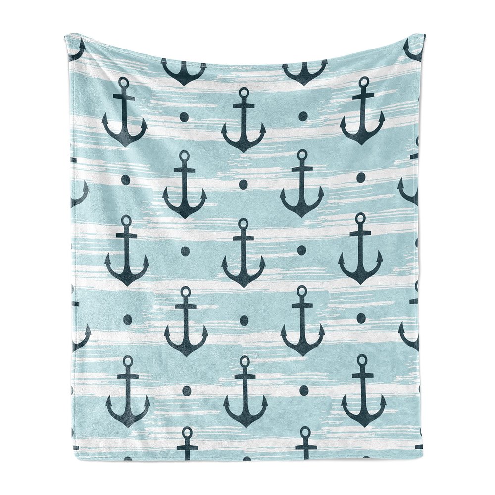 Ambesonne Anchor Soft Flannel Fleece Throw Blanket, Pattern with Anchors Modern Adventurous Striped Coastline Marine, Cozy Plush for Indoor and Outdoor Use, 70" x 90", Pale Blue