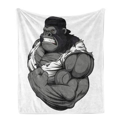 Ambesonne Cartoon Throw Blanket, Image of Big Gorilla Like as Professional Athlete Bodybuilding Gym Animal, Flannel Fleece Accent Piece Soft Couch Cover for Adults, 50" x 70", White Black