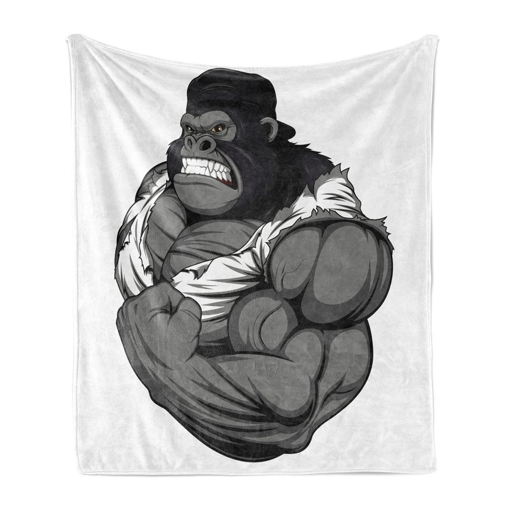 Ambesonne Cartoon Throw Blanket, Image of Big Gorilla Like as Professional Athlete Bodybuilding Gym Animal, Flannel Fleece Accent Piece Soft Couch Cover for Adults, 50" x 70", White Black