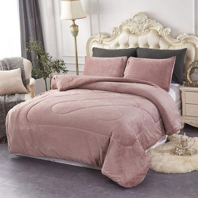 HNU 3 Piece Casual Style Soft Mink Velvet Plush Fleece Sherpa Comforter Set, Beautiful Design Thick Warm Down Alternative Silky Reversible Solid Contemporary Wood-Rose Pink Comforter Queen Size