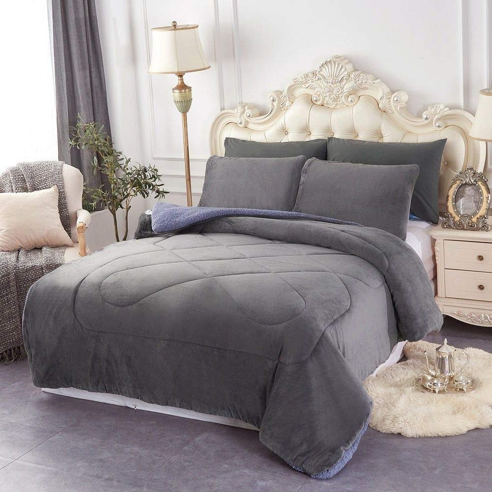 HNU 3 Piece Casual Style Soft Mink Velvet Plush Fleece Sherpa Comforter Set, Beautiful Design Thick Warm Down Alternative Silky Reversible Solid Contemporary Grey Comforter King Size