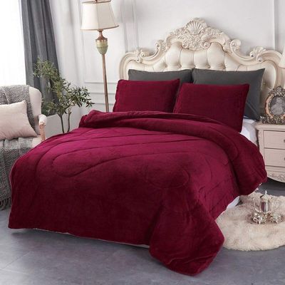 HNU 3 Piece Casual Style Soft Mink Velvet Plush Fleece Sherpa Comforter Set, Beautiful Design Thick Warm Down Alternative Silky Reversible Solid Contemporary Burgundy Red Comforter King Size