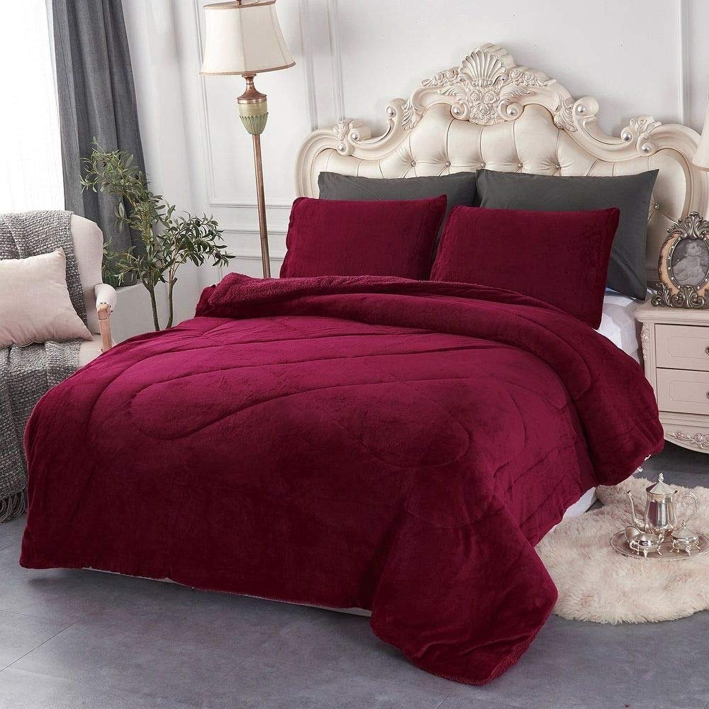 HNU 3 Piece Casual Style Soft Mink Velvet Plush Fleece Sherpa Comforter Set, Beautiful Design Thick Warm Down Alternative Silky Reversible Solid Contemporary Burgundy Red Comforter King Size