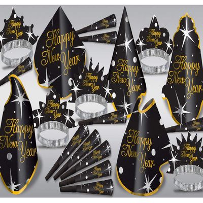 Happy New Year Shimmer Assortment for 10 People Hats, Tiaras, Noisemaker Horns - Black/Gold/Silver