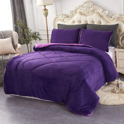 HNU 3 Piece Casual Style Soft Mink Velvet Plush Fleece Sherpa Comforter Set, Beautiful Design Thick Warm Down Alternative Silky Reversible Solid Contemporary Purple Comforter Queen Size