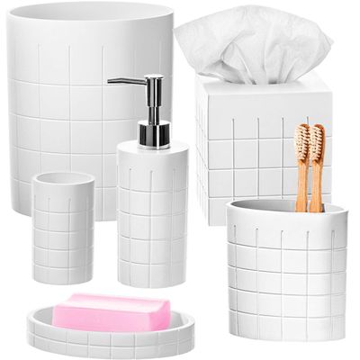 Creative Scents Polar White Bathroom Accessories Set with Trash Can - 6 Piece Bathroom Set Features: Waste Basket, Tissue Cover, Soap Dispenser, Toothbrush Holder, Tumbler and Soap Dish