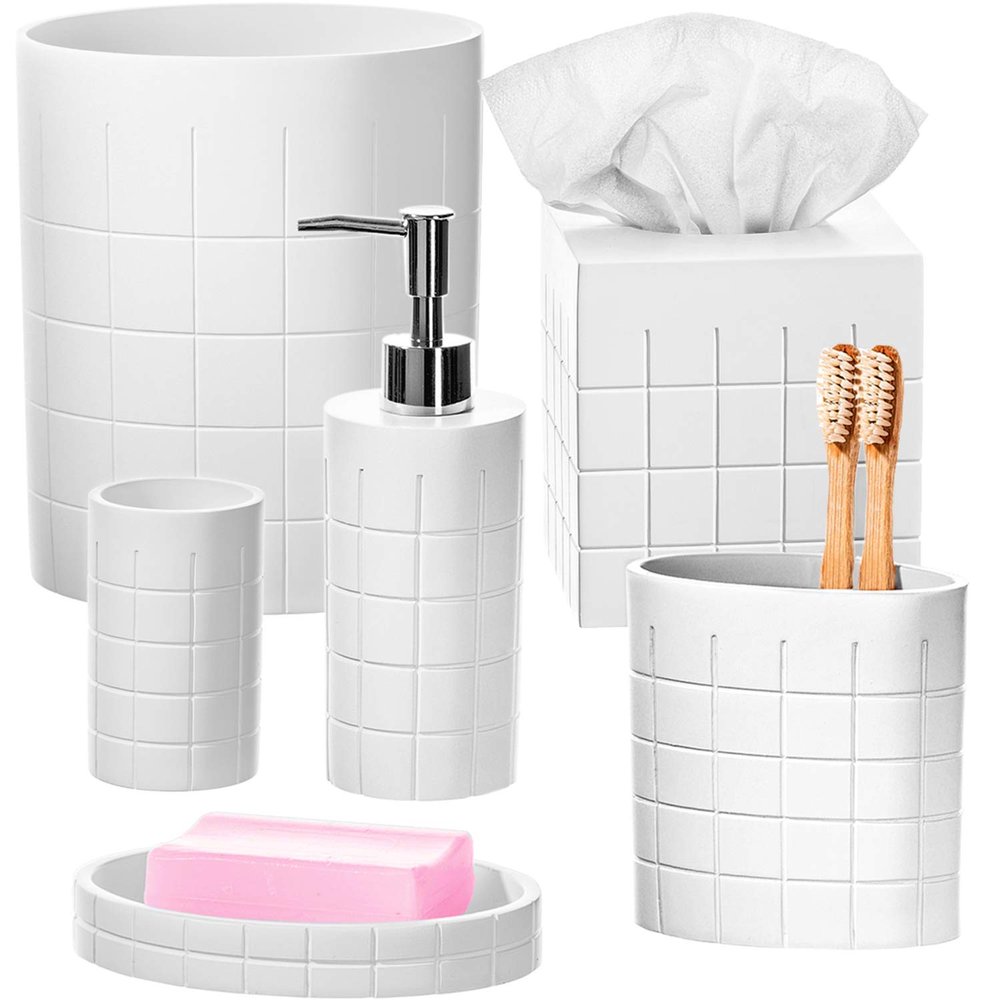Creative Scents Polar White Bathroom Accessories Set with Trash Can - 6 Piece Bathroom Set Features: Waste Basket, Tissue Cover, Soap Dispenser, Toothbrush Holder, Tumbler and Soap Dish