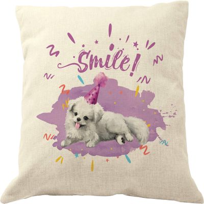 DrupsCo Smile Maltese Pillow Cover 18x18, Cotton Linen Dog Throw Pillow Case