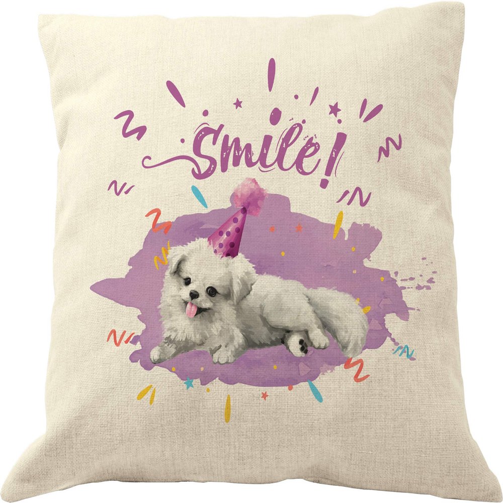 DrupsCo Smile Maltese Pillow Cover 18x18, Cotton Linen Dog Throw Pillow Case