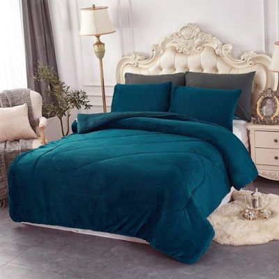 HNU 3 Piece Casual Style Soft Mink Velvet Plush Fleece Sherpa Comforter Set, Beautiful Design Thick Warm Down Alternative Silky Reversible Solid Contemporary Teal Blue Comforter King Size