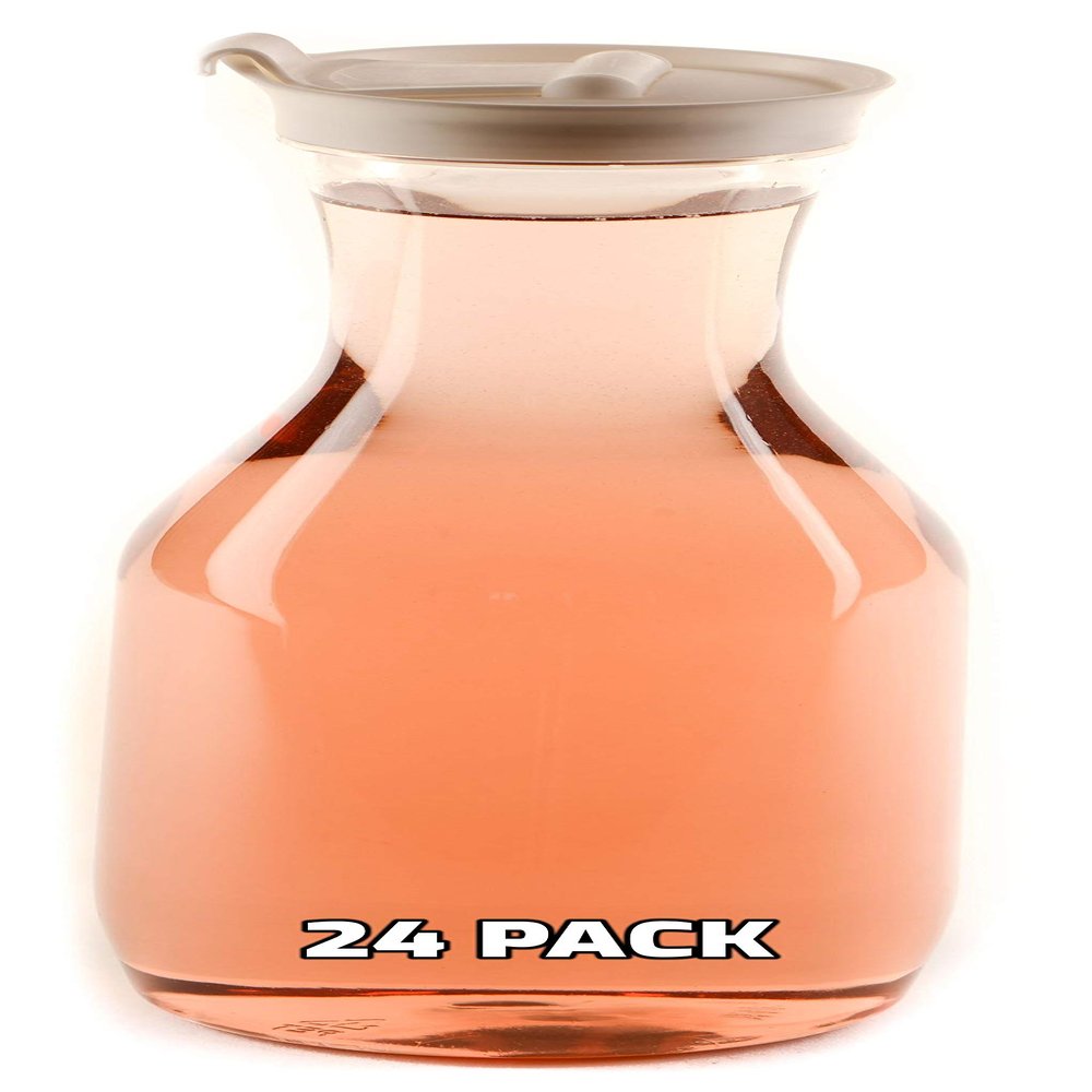 [24 PACK] Clear Plastic Heavy Duty Pitcher - Large Water Carafes, Plastic Bottles with Flip Top Lid, Beverage Pitchers with Lid - BPA Free Plastic Decanter, Juice, Ice Tea, Picnic, Catering (50 Oz)