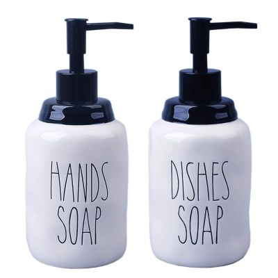 Dishes and Hands Soap Dispenser Set Farmhouse Style Ceramic Liquid Dispenser Bottles, Perfect for Kitchen Counter or Kitchen Sink Dcor (16oz, White Bottles with Black Pump and Lettering)